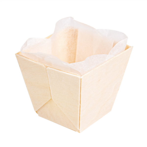 Barquette bois + moule siliconé pour cuisson 50x50x45mm 254.04 C/300 P/25 -unité-