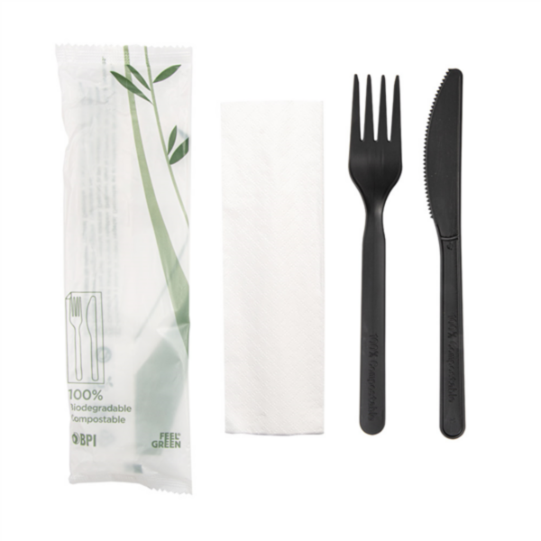 Kit couvert CPLA Noir Fourchette + couteau + serviette Ref 227.28 C/500 P/100 -unité-