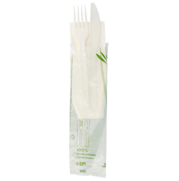 Kit couvert CPLA Blanc Fourchette + couteau + serviette Ref 223.53 C/500 P/100 -unité-