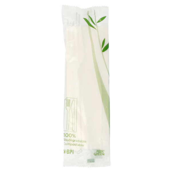 Kit couvert CPLA Blanc Fourchette + couteau + serviette Ref 223.53 C/500 P/100 -unité-
