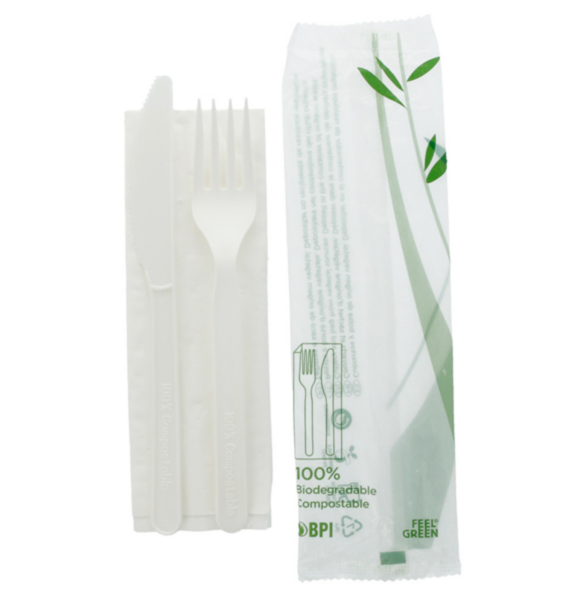 Kit couvert CPLA Blanc Fourchette + couteau + serviette Ref 223.53 C/500 P/100 -unité-
