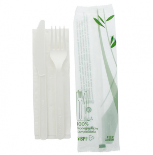 Kit couvert CPLA Blanc Fourchette + couteau + serviette Ref 223.53 C/500 P/100 -unité-