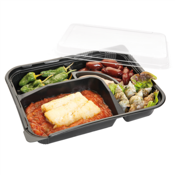 Plateau repas fond noir + couvercle 4 compartiments 270x206x50mm Ref 165.84 C/300 -unité-
