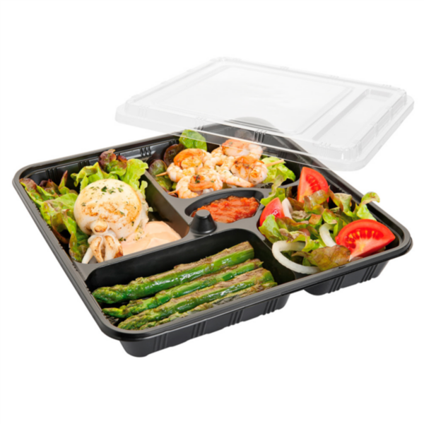 Boite repas fond noir + couvercle 5 compartiments 278x276x50mm Ref 165.85 C/200 -unité-