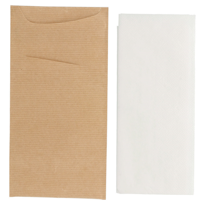 sachets Kraft Neutre  pour couverts 11,2x22,5cm + serviette 2 plis Blanche 33x40cm 221.89 C/400 -unité-