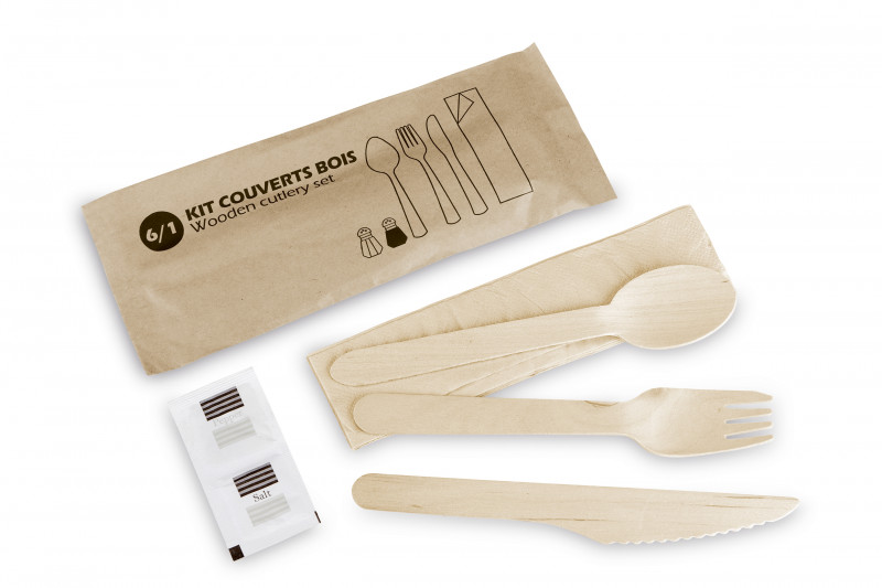 Kit couverts en bois 6 éléments Fourchette + Couteau + Cuillère + Serviette+ set et poivre  KITBOIS6 C/500 P/100 -unité-