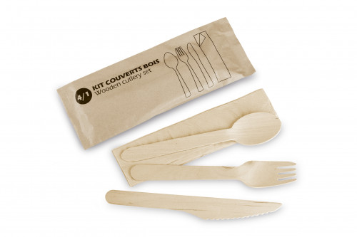 Kit couverts en bois avec pélicule de cire 4 éléments Fourchette + couteau + Cuillère + serviette KITBOIS4WAX C/500 P/100 -unité-